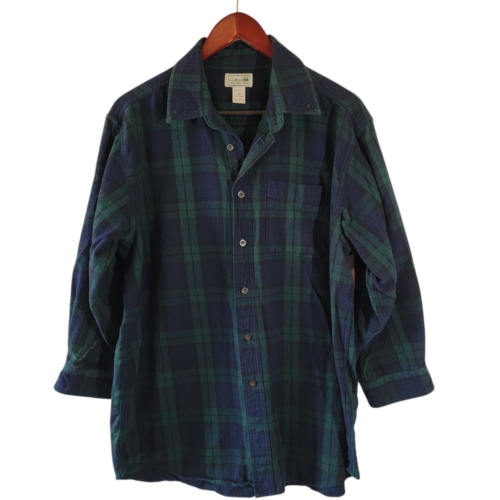 L.L. Bean Navy Green Plaid Button Down Shirt Sz L Barn Chores Preppy Academia